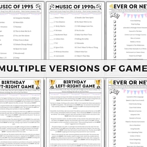 May include: A printable set of party games with a variety of themes, including music from the 1990s, music from 1995, and a birthday game called "Left-Right". The games are designed to be played with a group of people and include questions and activities that are sure to get everyone laughing and having fun.
