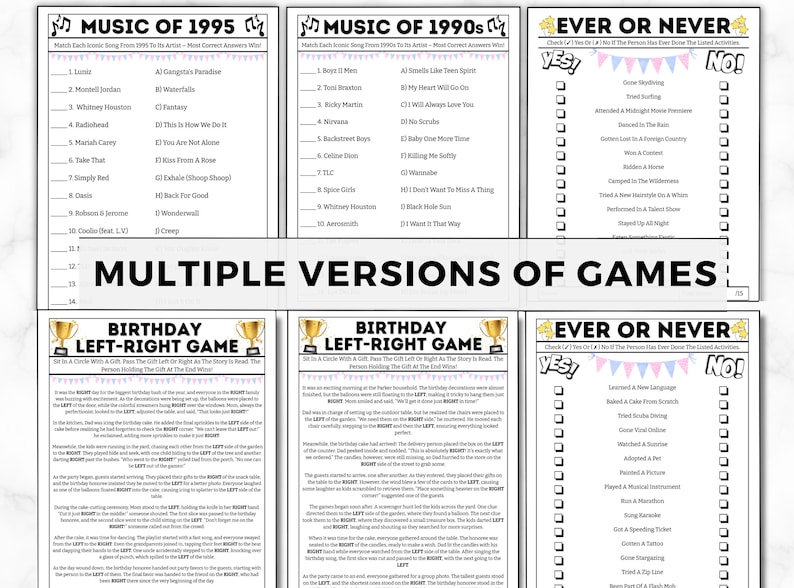 May include: A printable set of party games with a variety of themes, including music from the 1990s, music from 1995, and a birthday game called "Left-Right". The games are designed to be played with a group of people and include questions and activities that are sure to get everyone laughing and having fun.