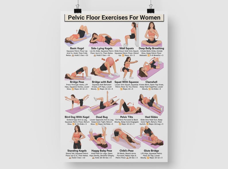 May include: A poster titled "Pelvic Floor Exercises For Women" displays illustrated exercise poses. The exercises include Basic Kegel, Side-Lying Kegels, Wall Squats, Deep Belly Breathing, Bridge Pose, Bridge with Ball, and others. The poster provides instructions.