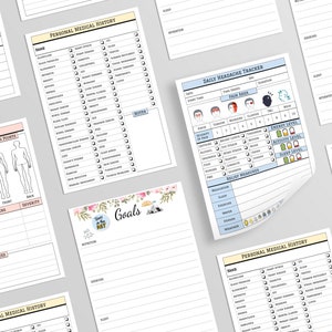 May include: A set of printable trackers and checklists for managing chronic pain, headaches, and personal medical history. The trackers include sections for pain location, triggers, severity, energy levels, activity levels, sleep levels, and relief measures. The checklists include sections for personal medical history, medications, allergies, and surgeries.