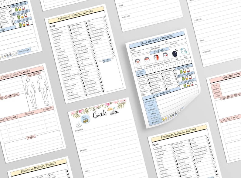 May include: A set of printable trackers and checklists for managing chronic pain, headaches, and personal medical history. The trackers include sections for pain location, triggers, severity, energy levels, activity levels, sleep levels, and relief measures. The checklists include sections for personal medical history, medications, allergies, and surgeries.