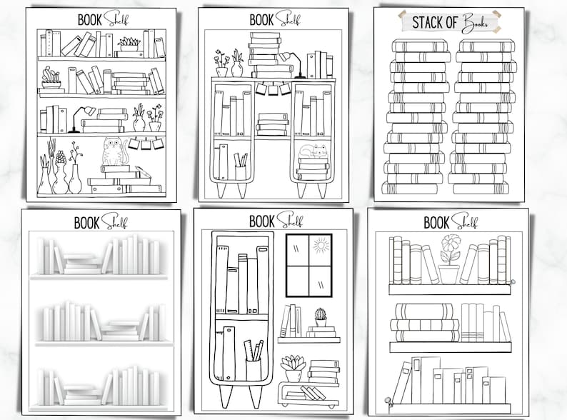 May include: Six black and white illustrations of bookshelves and stacks of books. The illustrations are simple line drawings with no shading. The text "BOOK Shelf" appears at the top of each illustration. The text "STACK OF Books" appears at the top of one illustration.