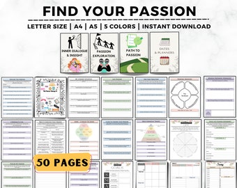 May include: A printable workbook with 50 pages to help you find your passion. The workbook includes worksheets, exercises, and prompts to help you explore your interests, identify your values, and set goals. The workbook is available in five colors and can be printed in letter or A4 size.