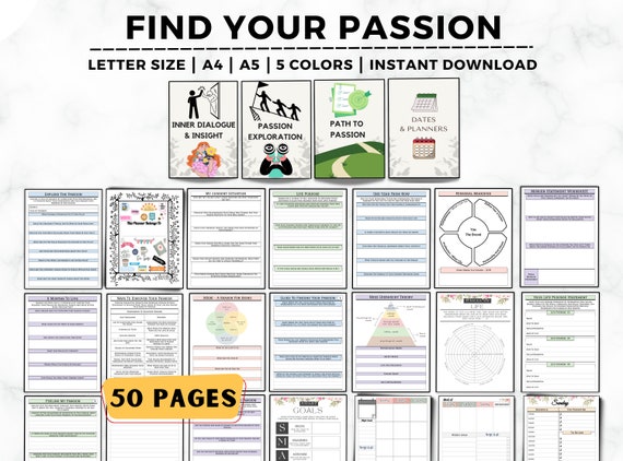 Find Your Passion Planner, Life Purpose Workbook, How To Find Your Passion and Purpose, Life Coaching, Self-Care Worksheet, Passion Journal