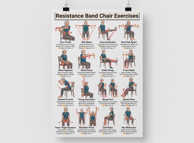 Puede incluir: Un p&oacute;ster titulado "Ejercicios de silla con banda de resistencia" muestra ejercicios ilustrados. Cada ejercicio muestra a una persona usando una banda de resistencia mientras est&aacute; sentada. Los ejercicios incluyen Core Twist, Side Raise, Knee Extension y Arm Pull Apart.