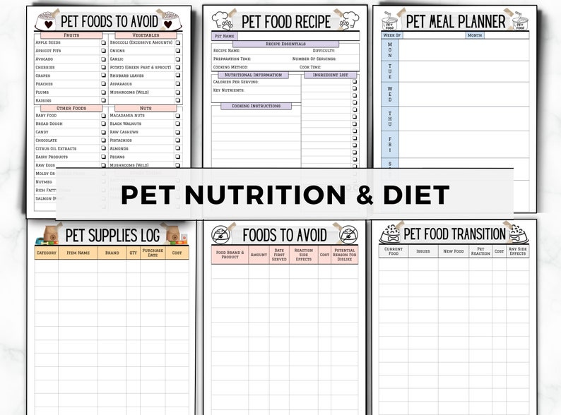 May include: Printable pet nutrition and diet planner with sections for pet foods to avoid, pet food recipes, pet meal planner, pet supplies log, foods to avoid, and pet food transition. The planner includes sections for recording food brands, amounts, dates, reactions, costs, and potential reasons for illness.