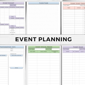 May include: A collection of printable event planning templates. Includes sections for event budget, floor plan, guest checklist, photographer info, guest special needs, and ticket sales. The title "Event Planning" is prominently displayed.