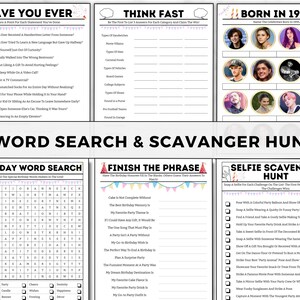 May include: A printable birthday party game set with a pink, blue, and white color scheme. The game set includes a "Have You Ever" game, a "Think Fast" game, a "Born in 1995" game, a "Birthday Word Search" game, a "Finish the Phrase" game, and a "Selfie Scavenger Hunt" game.