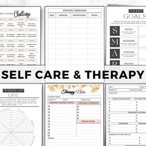 May include: A printable self-care and therapy journal with a 30-day self-care challenge, a wheel of life, and therapy notes pages. The journal has a black and white design with gold accents.