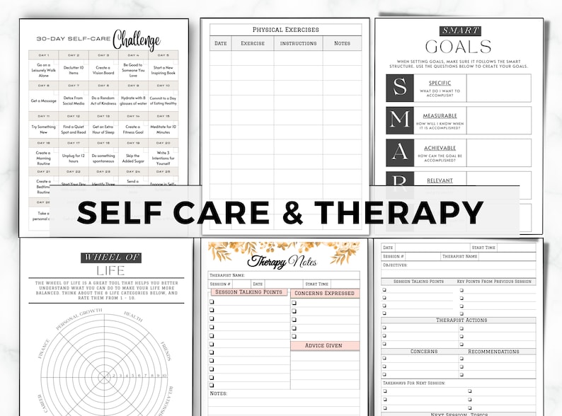 May include: A printable self-care and therapy journal with a 30-day self-care challenge, a wheel of life, and therapy notes pages. The journal has a black and white design with gold accents.