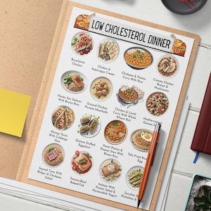 K&ouml;nnte beinhalten: Eine druckbare Tabelle mit 15 verschiedenen Ideen f&uuml;r ein Abendessen mit niedrigem Cholesterinspiegel. Jede Abendessen-Idee ist mit einem Foto der Mahlzeit illustriert und enth&auml;lt den Namen des Gerichts. Die Tabelle tr&auml;gt den Titel "Low Cholesterol Dinner".