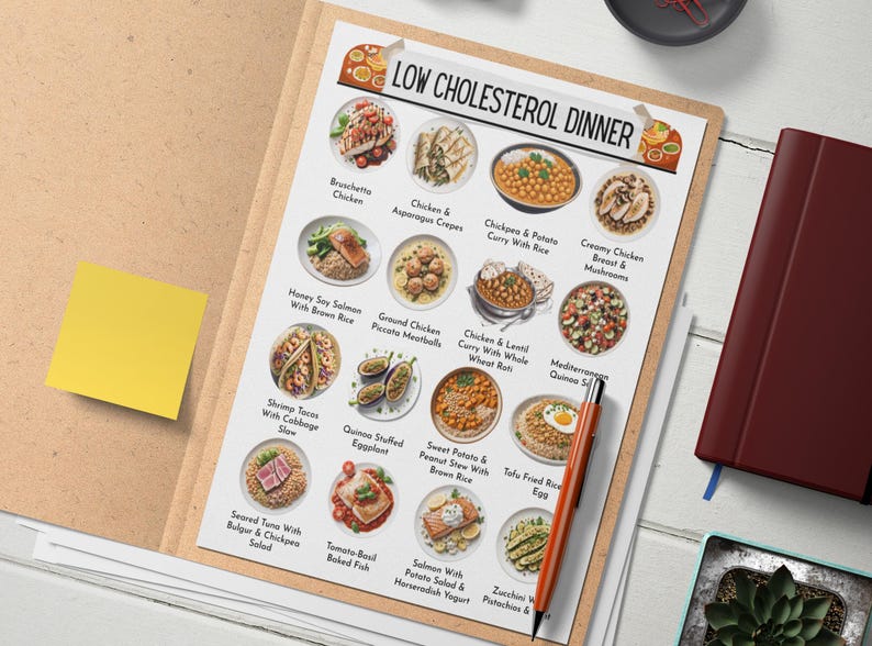 K&ouml;nnte beinhalten: Eine druckbare Tabelle mit 15 verschiedenen Ideen f&uuml;r ein Abendessen mit niedrigem Cholesterinspiegel. Jede Abendessen-Idee ist mit einem Foto der Mahlzeit illustriert und enth&auml;lt den Namen des Gerichts. Die Tabelle tr&auml;gt den Titel "Low Cholesterol Dinner".