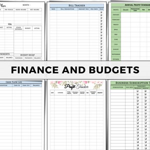 May include: A collection of printable finance and budget templates. Includes a budget plan, bill tracker, annual profit summary, cash flow log, profit tracker, and business subscription tracker. The title "Finance and Budgets" is displayed in the center.