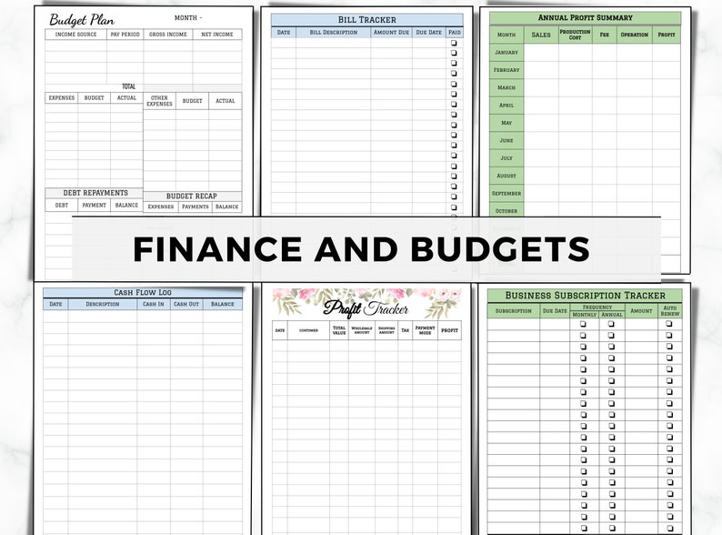 May include: A collection of printable finance and budget templates. Includes a budget plan, bill tracker, annual profit summary, cash flow log, profit tracker, and business subscription tracker. The title "Finance and Budgets" is displayed in the center.