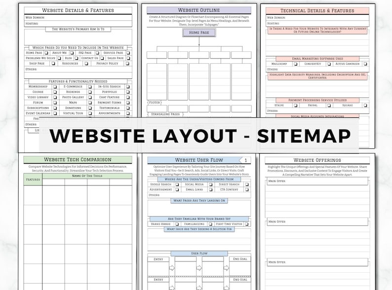 May include: A website layout and sitemap template with sections for details, outline, technical features, tech comparison, user flow, and offerings. The title "WEBSITE LAYOUT - SITEMAP" is prominently displayed.
