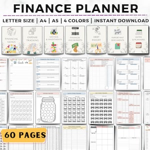 Könnte beinhalten: Ein druckbarer Finanzplaner mit 60 Seiten, einschließlich Abschnitten für Finanzziele, Ausgabenverfolgung, Sparen und Investitionen, Finanzen und Budgets, Schuldenrückzahlung, wichtige Dokumente sowie Termine und Planer. Der Planer ist in den Formaten Letter, A4 und A5 erhältlich und in vier Farben verfügbar.