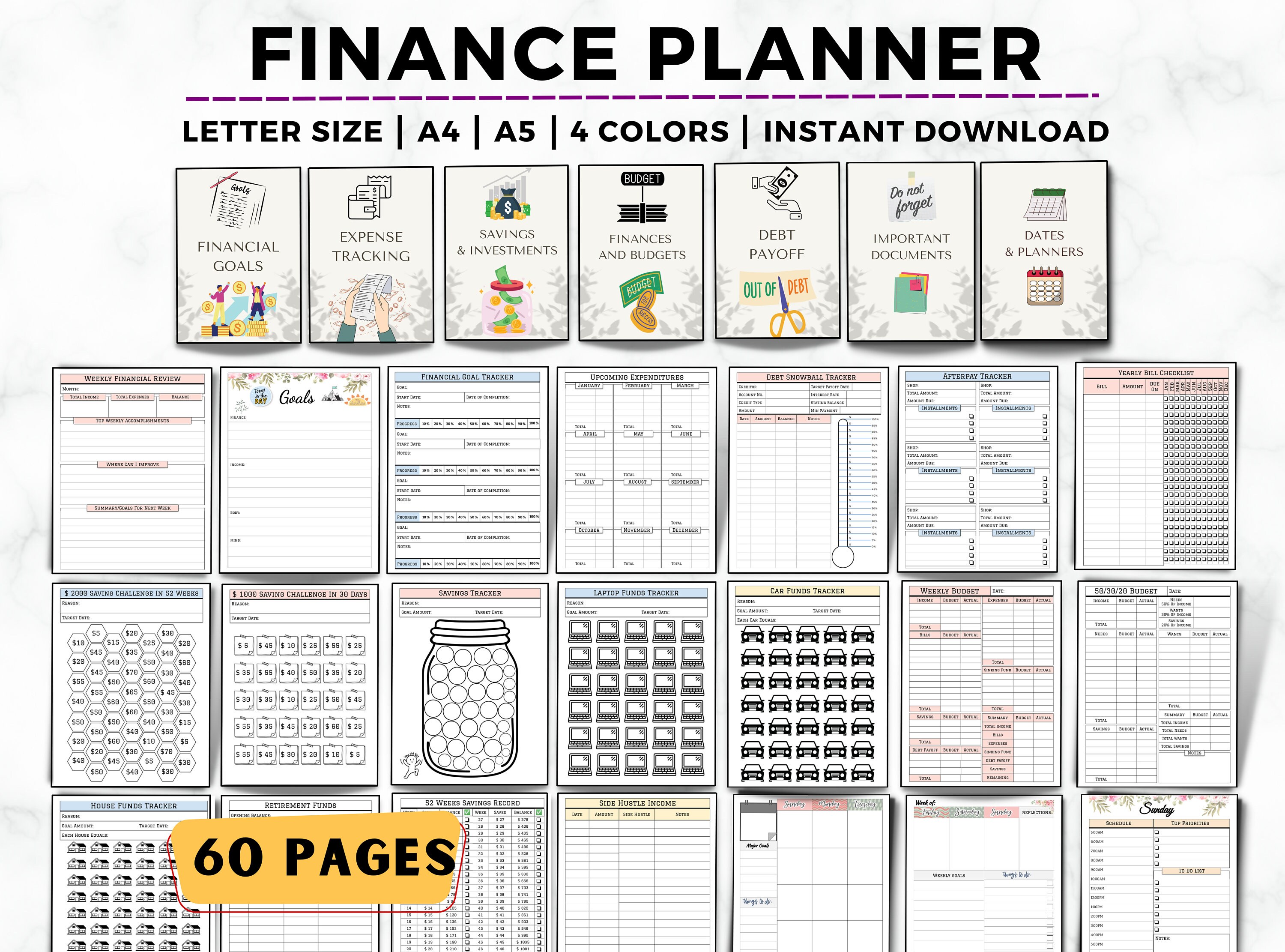Financial Planner Printable, Budget Planner, Financial Savings Tracker, Paycheck Budget, Monthly Debt, Bill, Spending, Expenses Tracker