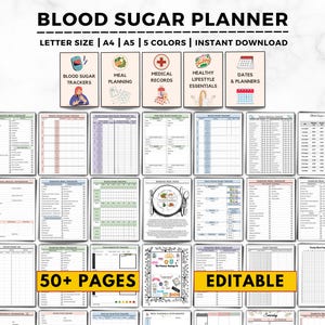 Blood Sugar Tracker Bundle, Diabetic Planner, Diabetes Meal Plan & Food List, Blood Sugar Log Glucose Monitor Medical Planner Printable pdf