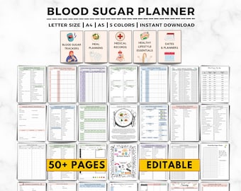 Blood Sugar Tracker Bundle, Diabetic Planner, Diabetes Meal Plan & Food List, Blood Sugar Log Glucose Monitor Medical Planner Printable pdf