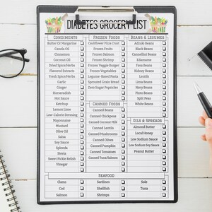 May include: A black and white printable grocery list for people with diabetes. The list is divided into categories such as condiments, frozen foods, beans and legumes, canned foods, oils and spreads, and seafood. Each item on the list has a checkbox next to it.