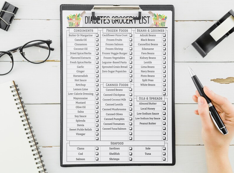 May include: A black and white printable grocery list for people with diabetes. The list is divided into categories such as condiments, frozen foods, beans and legumes, canned foods, oils and spreads, and seafood. Each item on the list has a checkbox next to it.