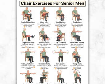 Chair Exercises for Older Men, Seated Exercise Chart, Full Body Seated Workout, Gentle, Senior Sitting No Equipment Elderly Home Fitness PDF