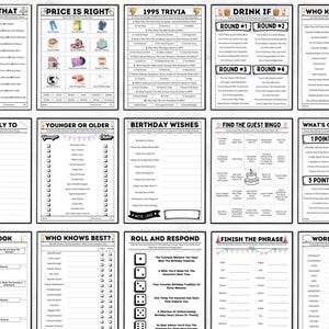 May include: A set of printable party game cards for a birthday party. The cards feature a variety of games, including "This or That", "Price is Right", "1995 Trivia", "Drink If", "Who Knows Best?", "Most Likely To", "Younger or Older", "Birthday Wishes", "Find the Guest Bingo", "What's on Your Phone", "Guest Book", "Roll and Respond", "Finish the Phrase", and "Word Scramble".