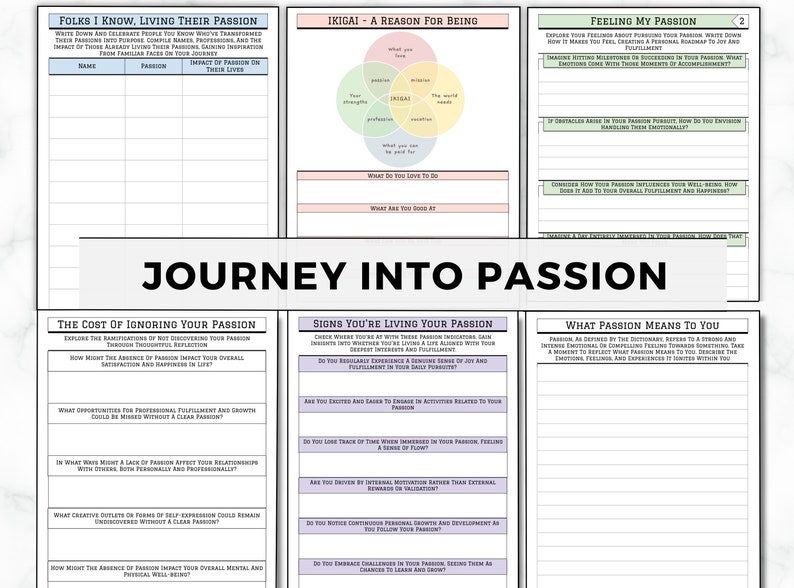 K&ouml;nnte beinhalten: Ein druckbares Arbeitsblatt mit dem Titel "Journey Into Passion" mit Abschnitten zu "Folks I Know, Living Their Passion", "Ikigai - A Reason for Being", "Feeling My Passion", "The Cost of Ignoring Your Passion", "Signs You're Living Your Passion" und "What Passion Means to You".