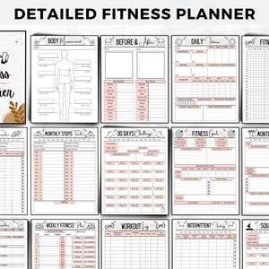 Puede incluir: Un planificador de fitness detallado con p&aacute;ginas para el seguimiento del progreso. La portada presenta el texto "Fitness Planner" con un gr&aacute;fico de pesas. Incluye secciones para medidas corporales, registros diarios y objetivos.