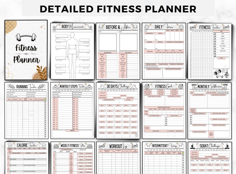Puede incluir: Un planificador de fitness detallado con p&aacute;ginas para el seguimiento del progreso. La portada presenta el texto "Fitness Planner" con un gr&aacute;fico de pesas. Incluye secciones para medidas corporales, registros diarios y objetivos.