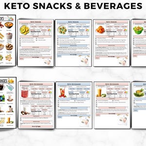 May include: A collection of illustrated keto snack and beverage options, including almonds, avocado chips, and coffee. The image features the text "KETO SNACKS & BEVERAGES" at the top, with detailed nutritional information on several pages.