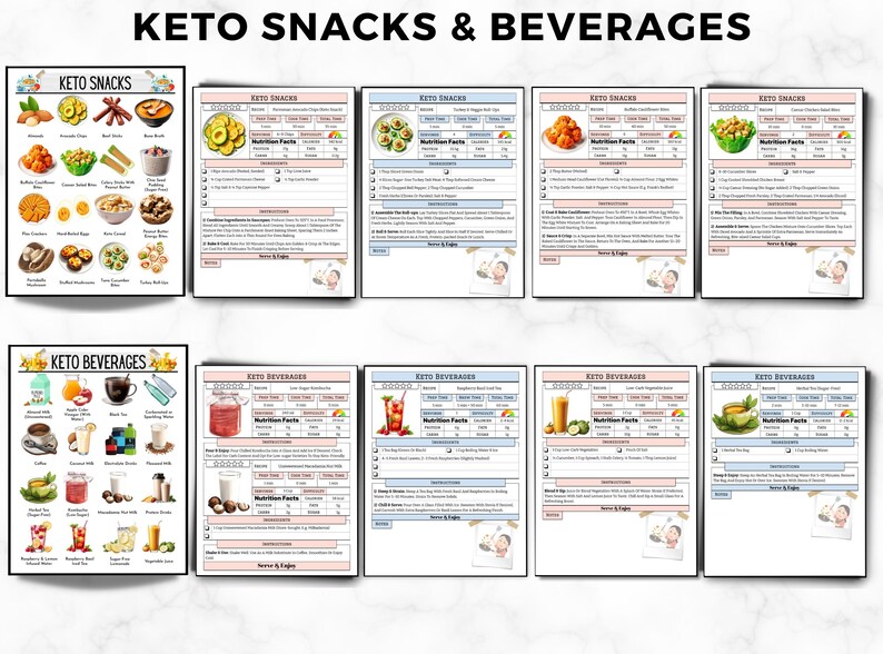 May include: A collection of illustrated keto snack and beverage options, including almonds, avocado chips, and coffee. The image features the text "KETO SNACKS & BEVERAGES" at the top, with detailed nutritional information on several pages.