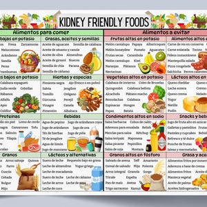 Puede incluir: Un gr&aacute;fico colorido con una lista de alimentos buenos para los ri&ntilde;ones para comer y evitar. El gr&aacute;fico est&aacute; dividido en categor&iacute;as como frutas, verduras, prote&iacute;nas, granos y bebidas. El gr&aacute;fico est&aacute; en espa&ntilde;ol.