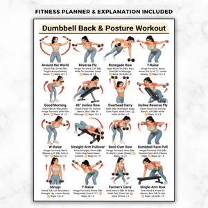 以下が含まれることがあります： 「Dumbbell Back & Posture Workout」ガイド付きのフィットネスプランナー。ポスターには、「Around the World」、「Reverse Fly」、「Renegade Row」などのエクササイズのイラストが掲載されており、指示と回数が記載されています。上部のテキストには「Fitness Planner & Explanation Included」と書かれています。
