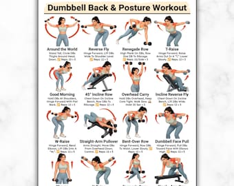 Dumbbell Back & Posture Workout Poster, Beginner Upper And Lower Back Exercises Chart, Home Gym  Lats Traps Rhomboids Training Fitness Guide