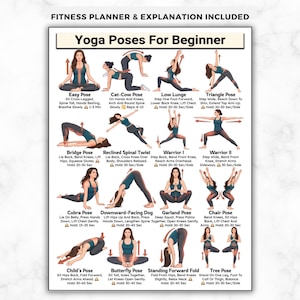 Peut inclure: Un tableau de postures de yoga pour débutants, avec des illustrations et des instructions pour diverses poses. Le tableau comprend des poses telles que la pose facile, la pose chat-vache et la pose du triangle, avec des temps de maintien. Le texte "Fitness Planner & Explanation Included" est en haut.
