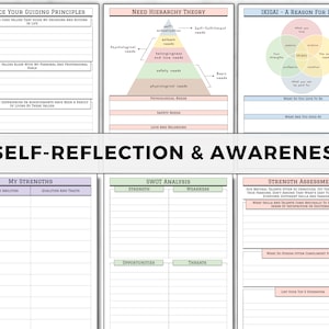May include: A printable worksheet with a green, pink, and blue color scheme. The worksheet is titled "Self-Reflection & Awareness" and includes sections for "My Strengths", "SWOT Analysis", and "Strength Assessment".