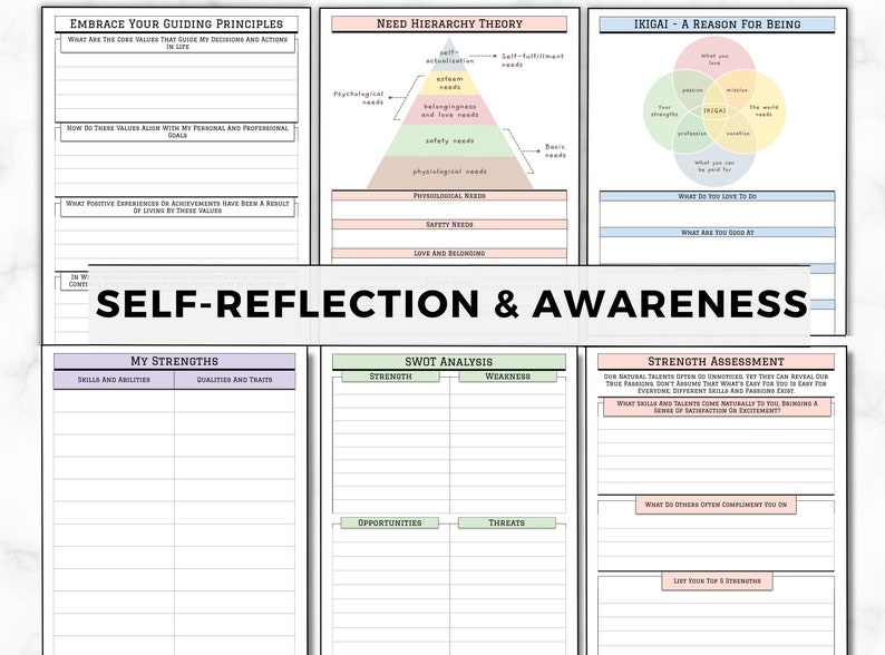 May include: A printable worksheet with a green, pink, and blue color scheme. The worksheet is titled "Self-Reflection & Awareness" and includes sections for "My Strengths", "SWOT Analysis", and "Strength Assessment".