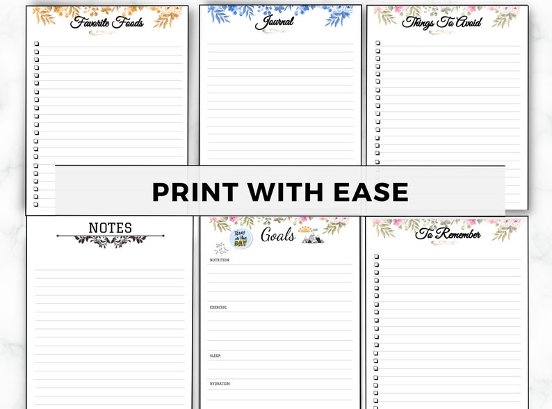 May include: Printable planner pages with floral designs. The pages include sections for favorite foods, journal, things to avoid, notes, goals, and to remember.