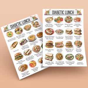 May include: Two menu boards labelled "Diabetic Lunch" showcase a range of healthy meal options. Dishes include pasta, tacos, soups, sandwiches, and salads. The menus feature a variety of ingredients and are designed to provide balanced and nutritious choices.