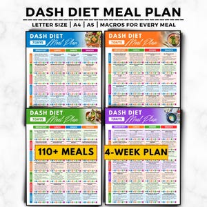 以下が含まれることがあります： 4つのカラフルなDASHダイエット食事プランチャート。各チャートには「DASH DIET」と「Meal Plan」のラベルが付いています。チャートには、朝食、ランチ、ディナー、スナックの食事オプションが含まれています。「110+ MEALS」と「4-WEEK PLAN」の文字も表示されています。