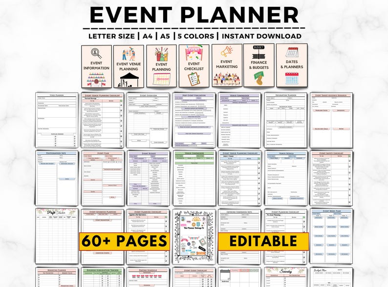 May include: An event planner template with various planning sections, including event information, venue planning, checklists, marketing, finance, and dates. The template is available in letter size, A4, and A5 formats, with 5 color options. The image also includes the text "60+ PAGES" and "EDITABLE".