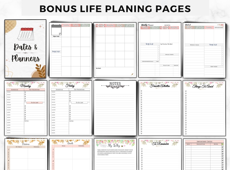 May include: A collection of planner pages with various layouts, including monthly, weekly, and daily schedules, along with pages for notes, goals, and important dates. The pages feature floral accents and the text "Dates & Planners."
