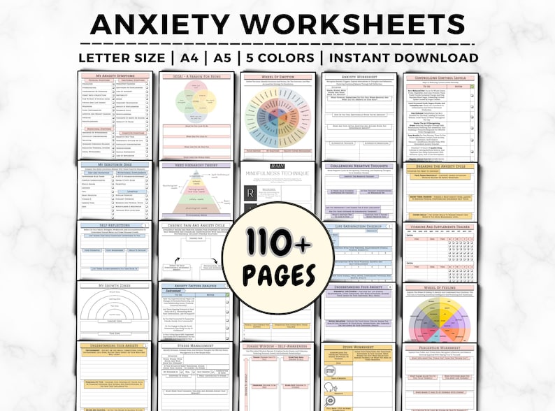 May include: A set of 110+ printable anxiety worksheets in five colors. The worksheets include a variety of topics such as self-regulation, challenging negative thoughts, and managing emotions. The worksheets are available in letter, A4, and A5 sizes.