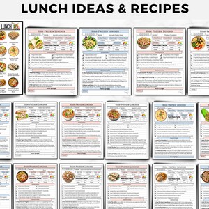 May include: A collection of printable recipe cards titled LUNCH IDEAS & RECIPES, featuring various high-protein lunch options. Each card includes a food photograph, nutrition facts, ingredient lists, and step-by-step cooking instructions.
