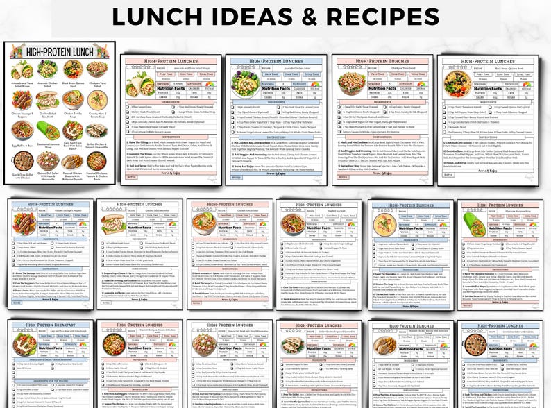 May include: A collection of printable recipe cards titled LUNCH IDEAS & RECIPES, featuring various high-protein lunch options. Each card includes a food photograph, nutrition facts, ingredient lists, and step-by-step cooking instructions.