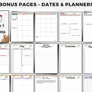 May include: A set of printable planner pages with floral designs. The pages include sections for dates, notes, to-do lists, and more.