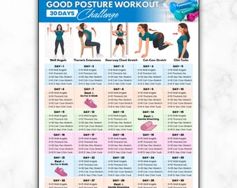 30 Day Good Posture Workout Challenge Chart, Back Tech Neck Exercises Improve Poster, Home Office Desk Stretches, Fix Rounded Shoulders Plan