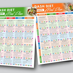 May include: Two colorful DASH DIET 7 DAYS Meal Plan sheets. The green sheet lists a meal plan for the week, with breakfast, lunch, dinner, and snack options. The orange sheet has a similar layout. Both sheets have a clean, organized design.