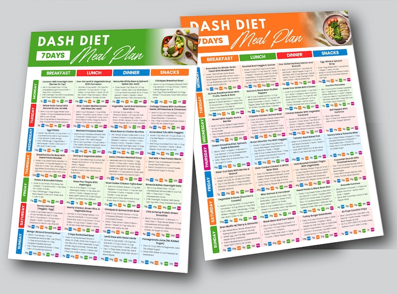 May include: Two colorful DASH DIET 7 DAYS Meal Plan sheets. The green sheet lists a meal plan for the week, with breakfast, lunch, dinner, and snack options. The orange sheet has a similar layout. Both sheets have a clean, organized design.